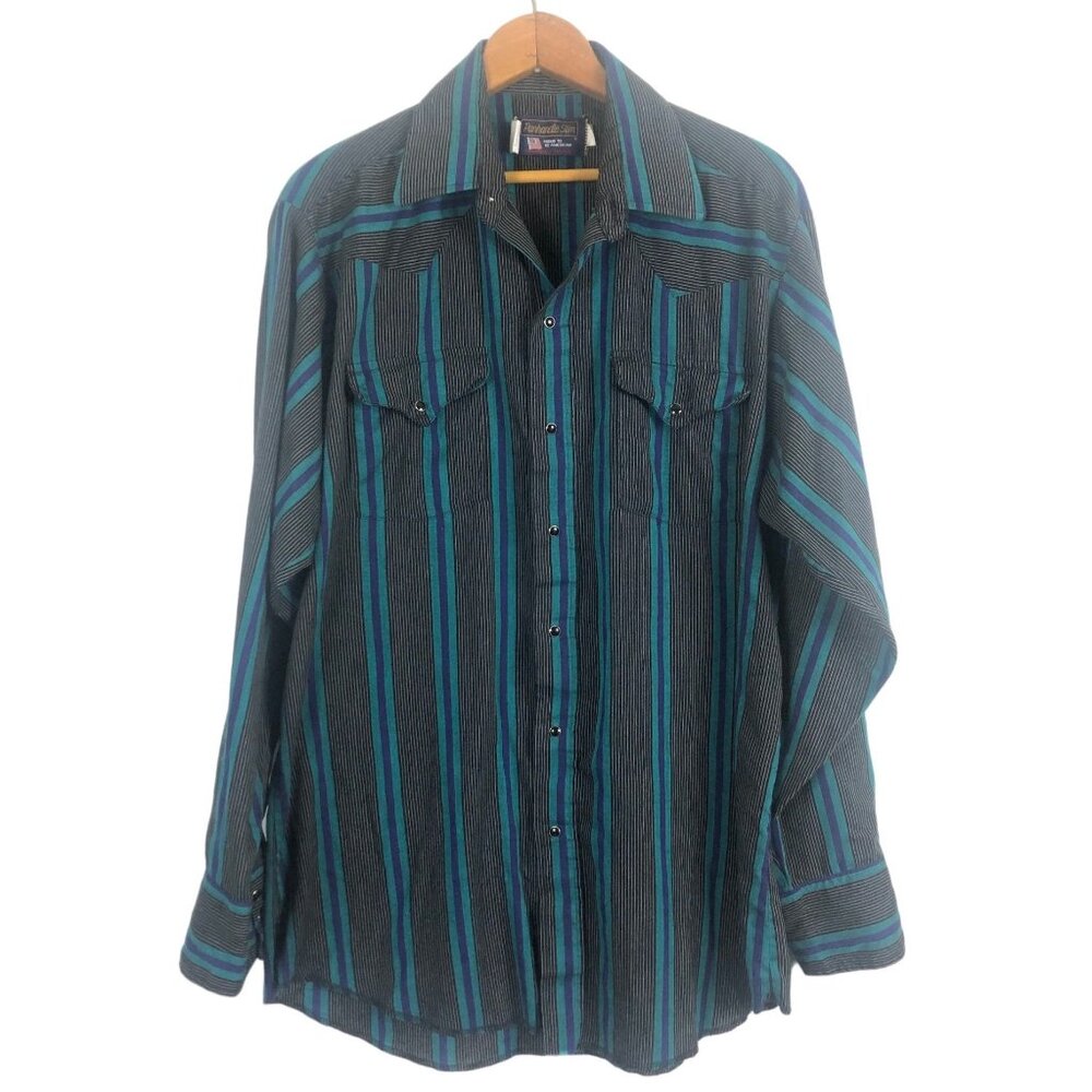 Vtg Panhandle Slim Western Pearl Snap Shirt 16-1/2 35 Blue Striped USA Pockets